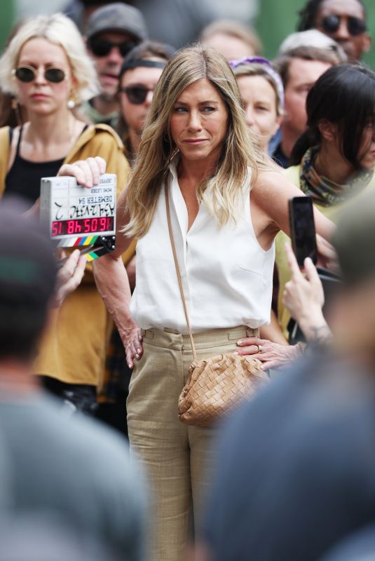 JENNIFER ANISTON Filming a Protest Scene for The Morning Show in Flatiron in New York 07/28/2024