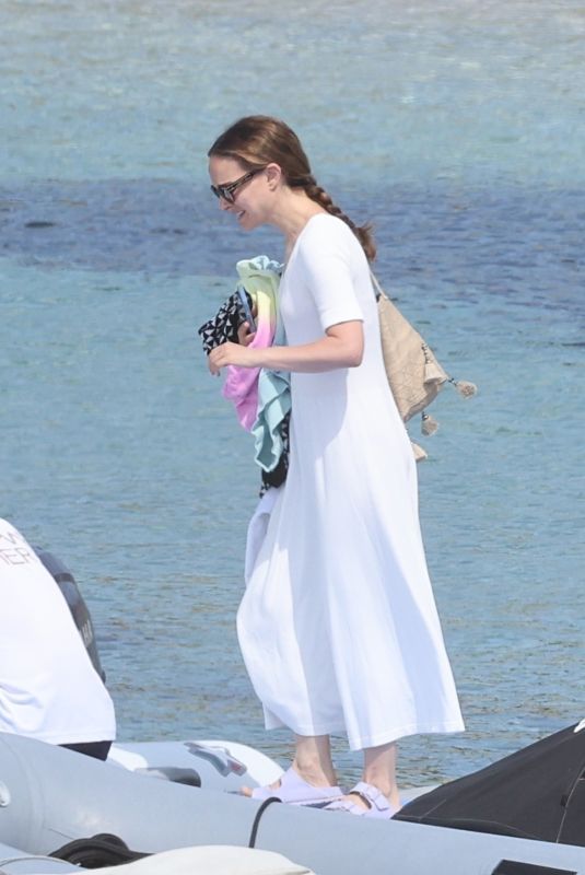 NATALIE PORTMAN in a White Summery Dress on Holidays in Mykonos 07/04/2024