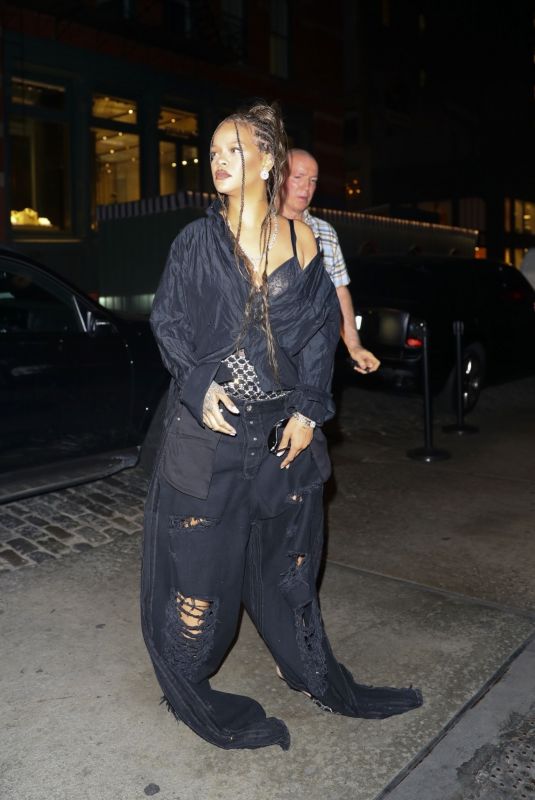 RIHANNA in Double Denim at a Photoshoot with ASAP Rocky at Mercer Hotel in New York 07/20/2024