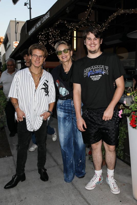 SHARON STONE Out with Her Sons Roan and Laird for Lunch in Beverly Hills 08/10/2024