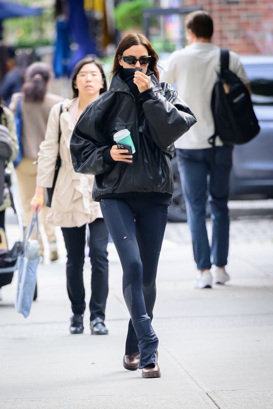 IRINA SHAYK in a Oversized Leather Jacket Out in New York 10/02/2024