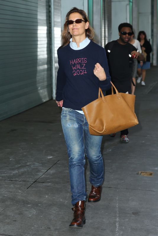 KATIE HOLMES Wears a Harris Walz 2024 Sweater Out in New York 10/30/2024