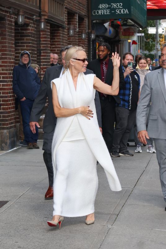 PAMELA ANDERSON Arrives at Late Show with Stephen Colbert in New York 10/14/2024