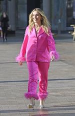 PERRIE EDWARDS in a Feather Trimmed Pink Pyjama Set Out in Manchester 10/08/2024