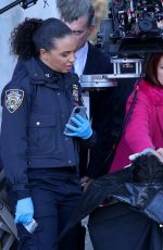 CARRIE PRESTON Filming a Crime Scene for New Police Procedural Comedy-drama Elsbeth at Flushing Meadow Park in Queens 11/01/2024