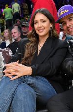 JESSICA ALBA and Cash Warren at NBA Game Between L.A. Lakers and Toronto Raptors in Los Angeles 11/10/2024