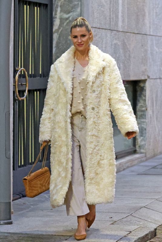 MICHELLE HUNZIKER Wearing a White Fake Fur Coat Out in Milan 11/28/2024