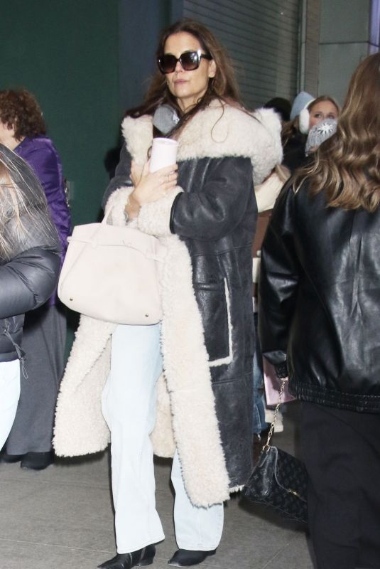 KATIE HOLMES in a Long Shearling Coat Put and About in New York 12/07/2024