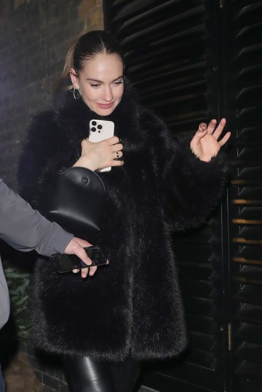 LILY JAMES Leaves Chiltern Firehouse in London 12/20/2024