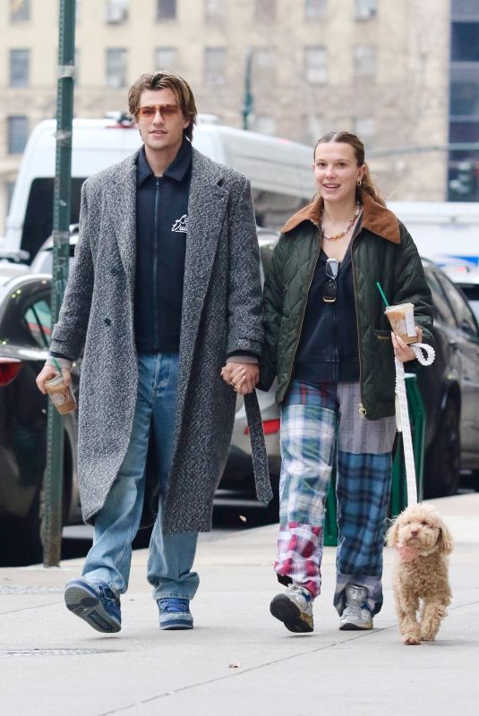 MILLIE BOBBY BROWN and Jake Bongiovi Out with Their Dog in New York 12/20/2024
