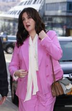MELANIE LYNSKEY in a Pink Pantsuit Out Promotes Her Work in New York 02/05/2025