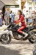BELLA HADID in a Red Leather Satsuit Filming New Fashion Video in Paris 04/10/2025