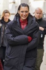 BELLA HADID in a Red Leather Satsuit Filming New Fashion Video in Paris 04/10/2025