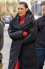 BELLA HADID in a Red Leather Satsuit Filming New Fashion Video in Paris 04/10/2025