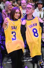 BRENDA SONG and Macaulay Culkin at NBA Game Between L.A. Lakers and Minnesota Timberwolves in Los Angeles 04/22/2025
