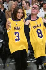 BRENDA SONG and Macaulay Culkin at NBA Game Between L.A. Lakers and Minnesota Timberwolves in Los Angeles 04/22/2025