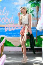 GIA SKOVA in a Lace Mini and Sky-high Wedges Out in Santa Monica 04/16/2025