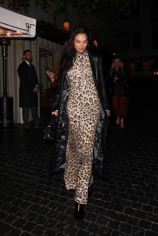SHANINA SHAIK in a Leopard Print Dress Night Out in Los Angeles 04/18/2025