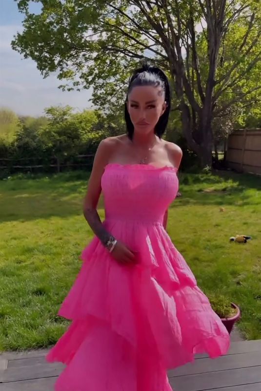 KATIE PRICE Shows off Her Pink Princess Dress from JYY London 04/30/2025