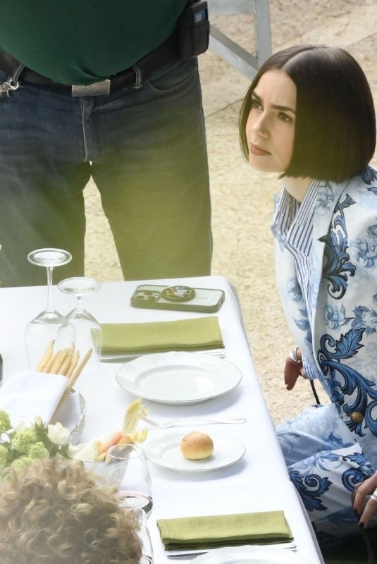 LILY COLLINS Filming a Lunch Scene for Emily in Paris in- Rome 05/08/2025