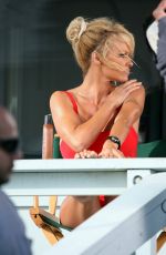 PAMELA ANDERSON in Swimsuit at Baywatch Reshoot on in Malibu, September 2007