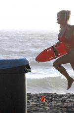 PAMELA ANDERSON in Swimsuit at Baywatch Reshoot on in Malibu, September 2007