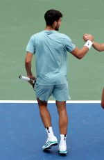 EMMA RADUCANU and Carlos Alcaraz at First Round of US Open Mixed Doubles at Flushing Meadows 08/19/2025