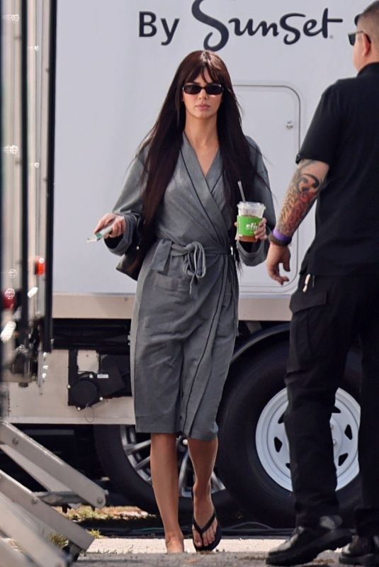 KENDALL JENNER in Wig and Robe at a Photoshoot 08/17/2025