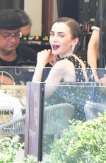 LILY COLLINS on the Set of Emily In Paris in Venice 08/15/2025