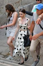 LILY COLLINS on the Set of Emily in Paris in Venice 08/18/2025