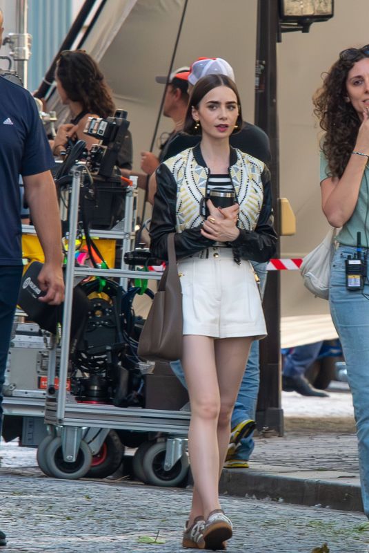 LILY COLLINS on the Set of Season 5 of Emily in Paris in Paris 08/04/2025