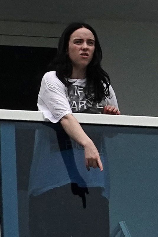 BILLIE EILISH on Her Hotel Balcony After She Was Assaulted During Her Concert in Miami 10/13/2025