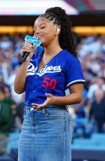 HALLE BAILEY Performs National Anthem at NLCS Game 4 Between Los Angeles Dodgers and Milwaukee Brewers in Los Angeles 10/17/2025