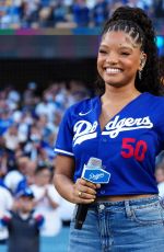 HALLE BAILEY Performs National Anthem at NLCS Game 4 Between Los Angeles Dodgers and Milwaukee Brewers in Los Angeles 10/17/2025