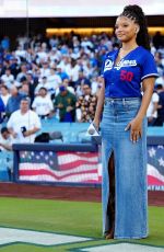 HALLE BAILEY Performs National Anthem at NLCS Game 4 Between Los Angeles Dodgers and Milwaukee Brewers in Los Angeles 10/17/2025