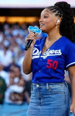 HALLE BAILEY Performs National Anthem at NLCS Game 4 Between Los Angeles Dodgers and Milwaukee Brewers in Los Angeles 10/17/2025