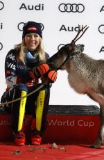 MIKAELA SHIFFRIN with Santa and Reindeer at Women