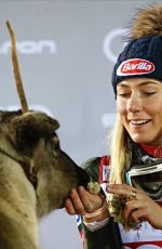 MIKAELA SHIFFRIN with Santa and Reindeer at Women
