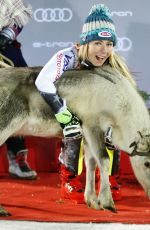 MIKAELA SHIFFRIN with Santa and Reindeer at Women