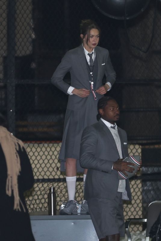 GIGI HADID on the Set of GQ Bowl x Thom Browne Commercial in New York City 12/17/2025